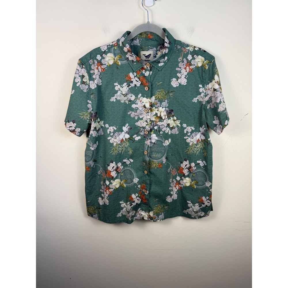 Yiume Womens XL Teal Green Floral Cherry Blossom Cotton Short Sleeve Button Down